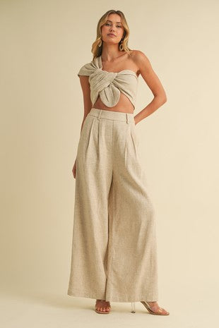 Linen Front Twist Detailed Top And Wide Pants Set