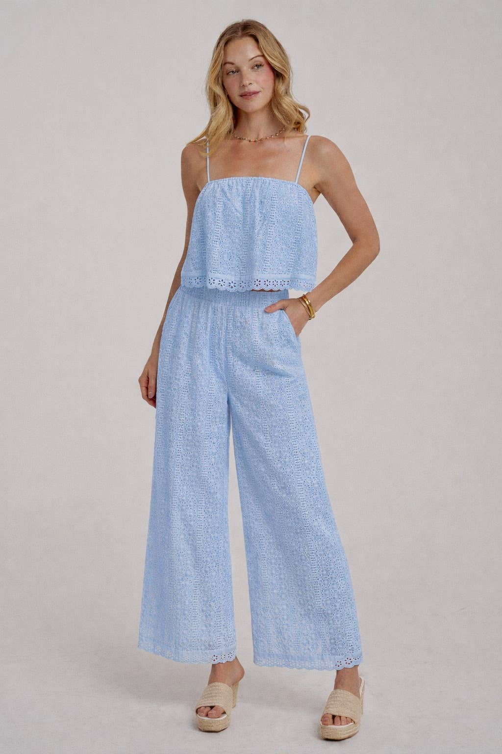 BON - EYELET LACE CROPPED CAMI TOP AND WIDE LEG PANTS SUMMER SET