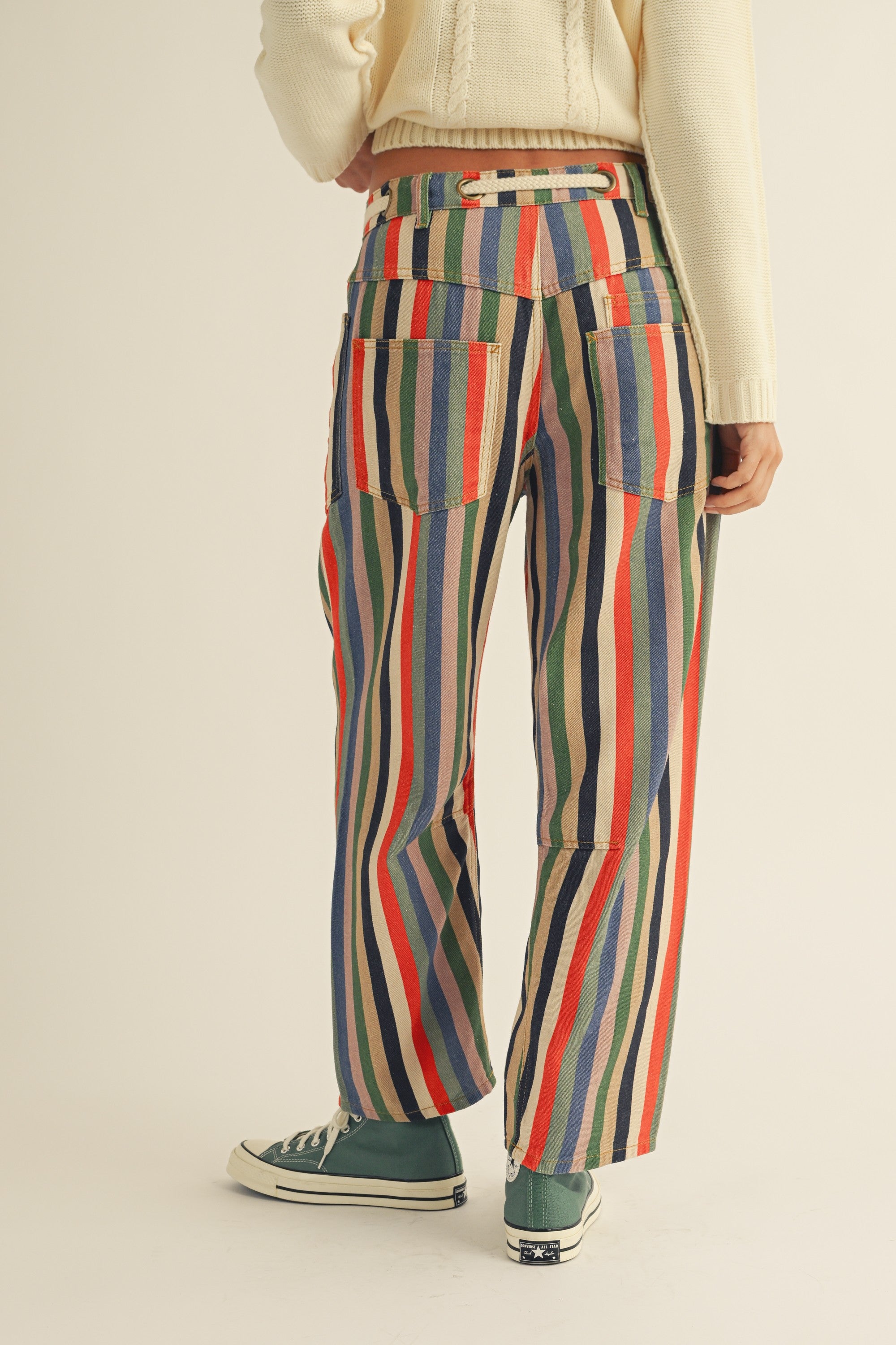 Washed Multi Stripes Rope String Pants