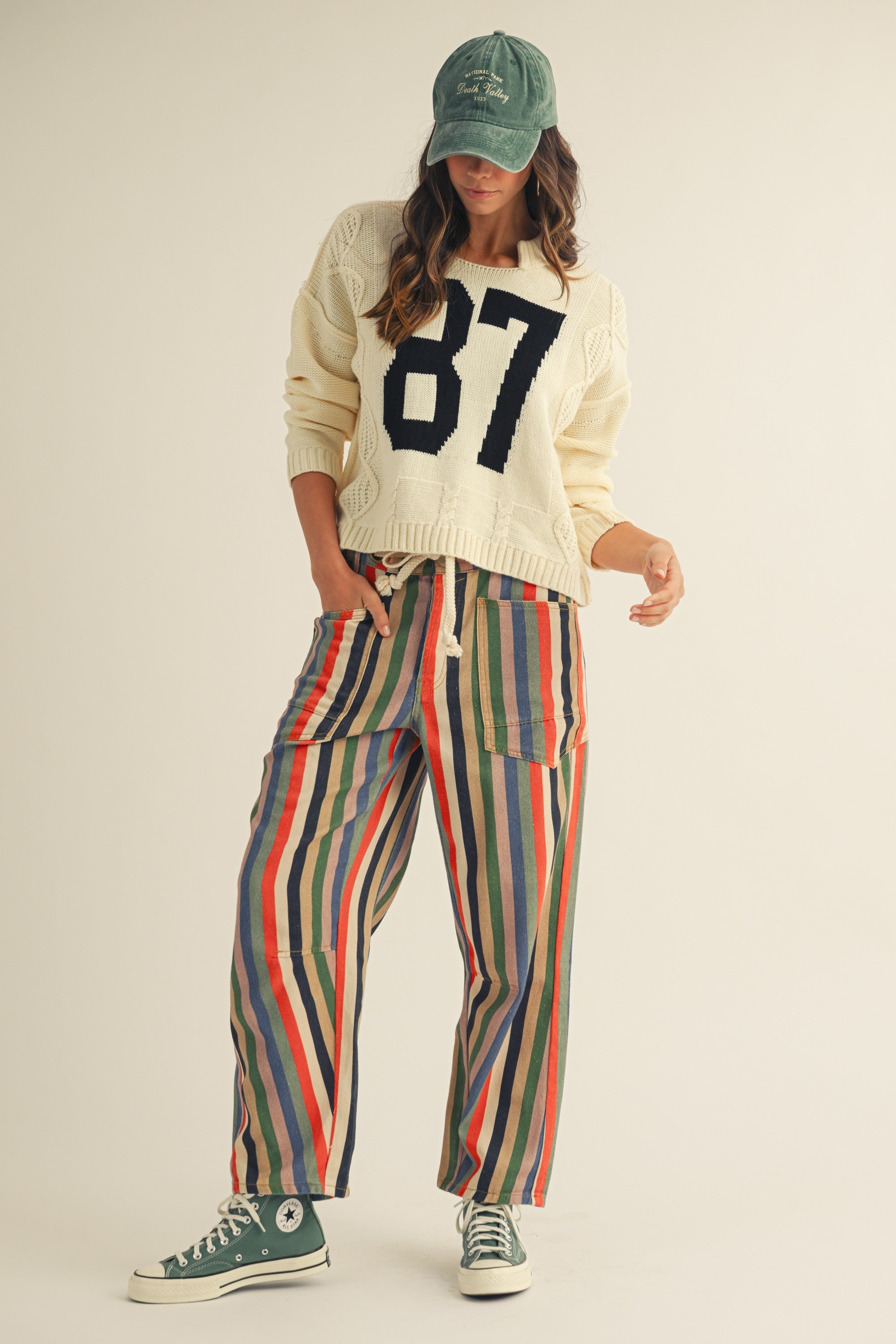 Washed Multi Stripes Rope String Pants