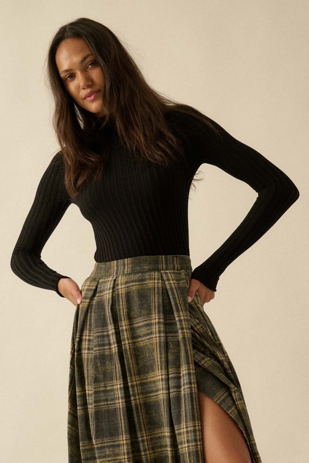 Sheer Rib-knit Mock-neck Top