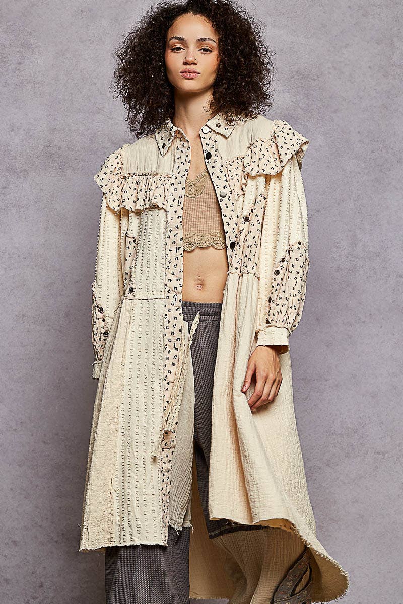 Pol Clothing - Balloon sleeve studs knee length ruffle detail jacket