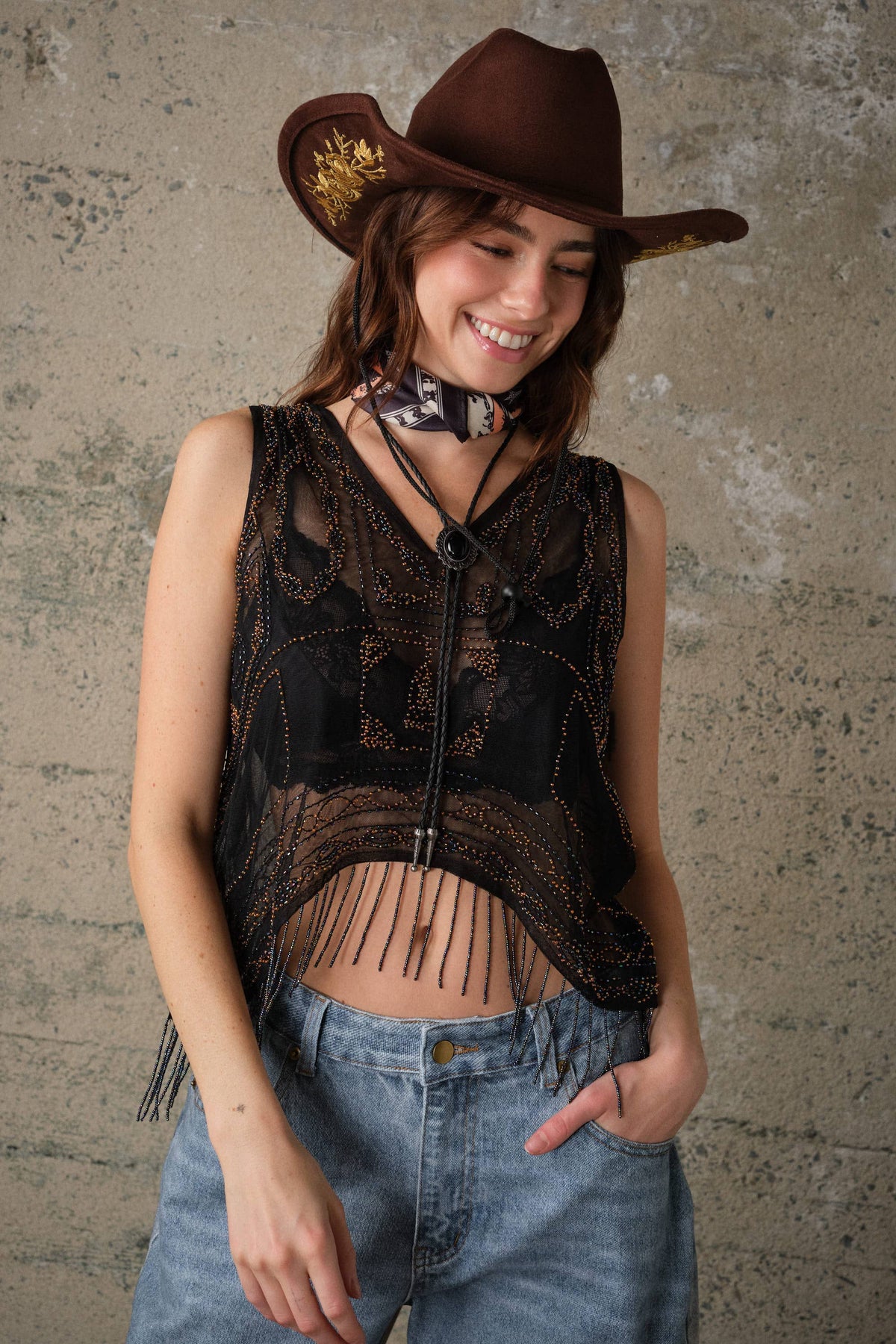 Blue B - 33309T Western Sequin Mesh Fringe Top