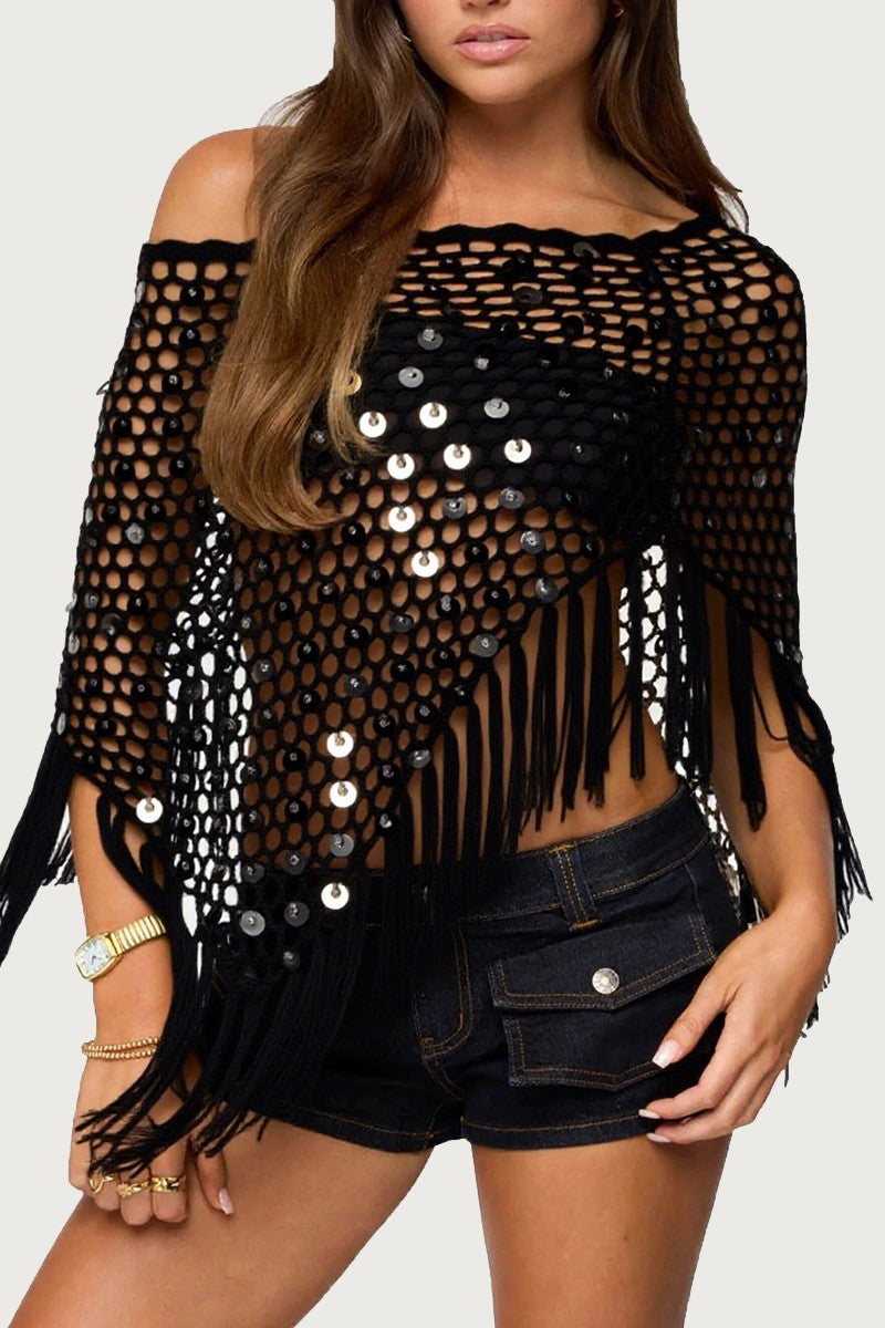 Fringe Sequin Off Shoulder Cover-up