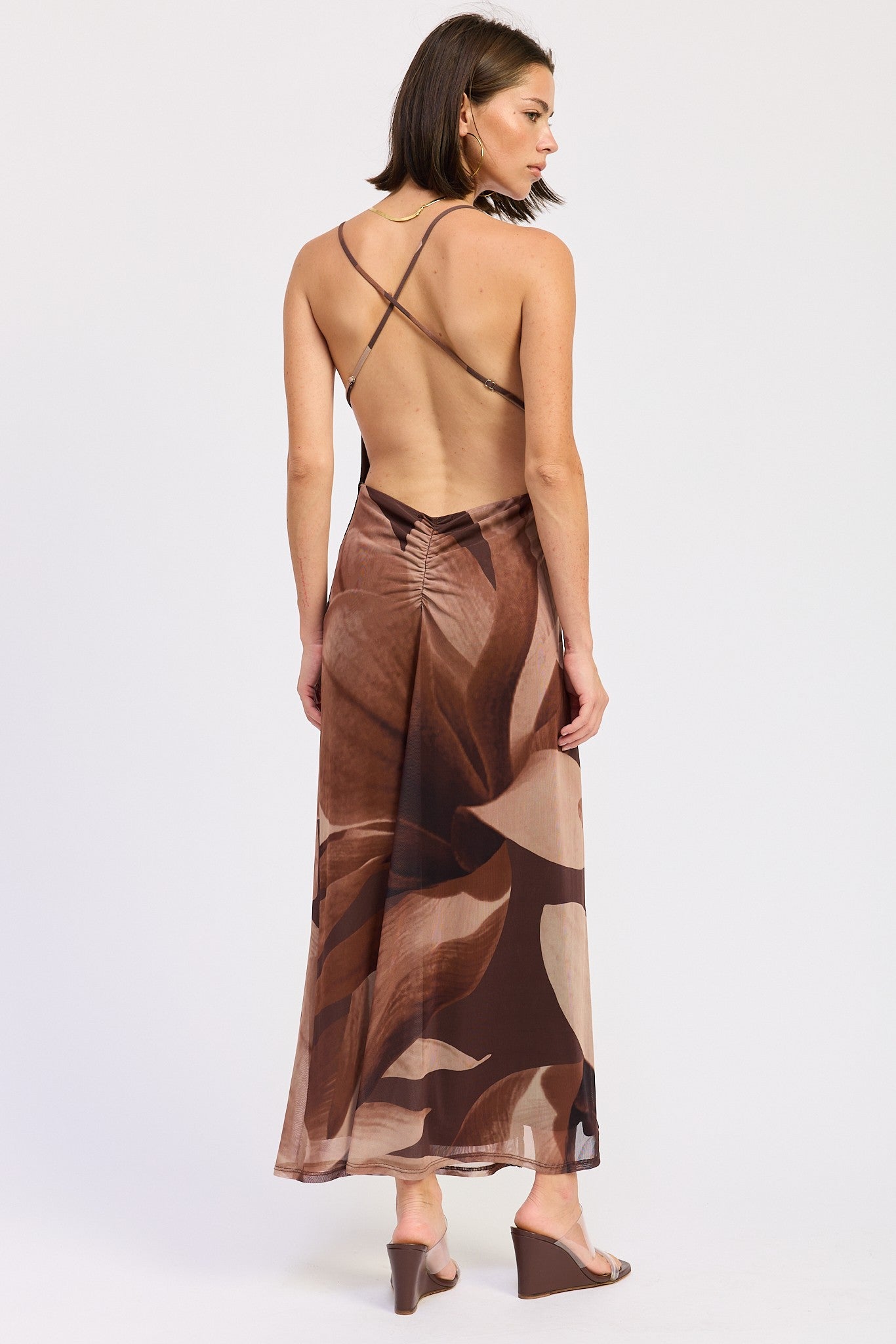 Cowl Neck Mesh Crossback Tie Maxi Dress