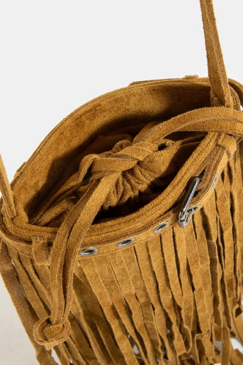 Long Fringe Bucket Shoulder Bag