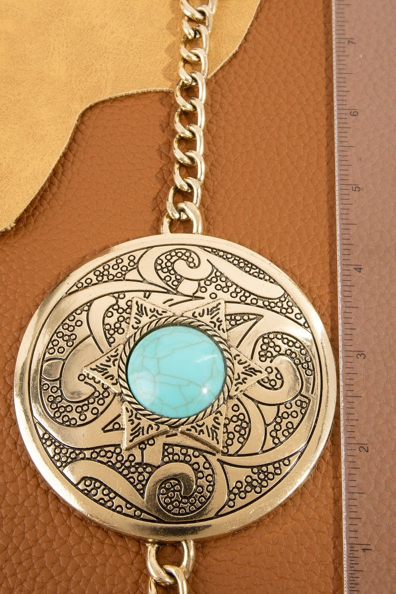 Stone Stud Western Engraved Disc Chain Belt