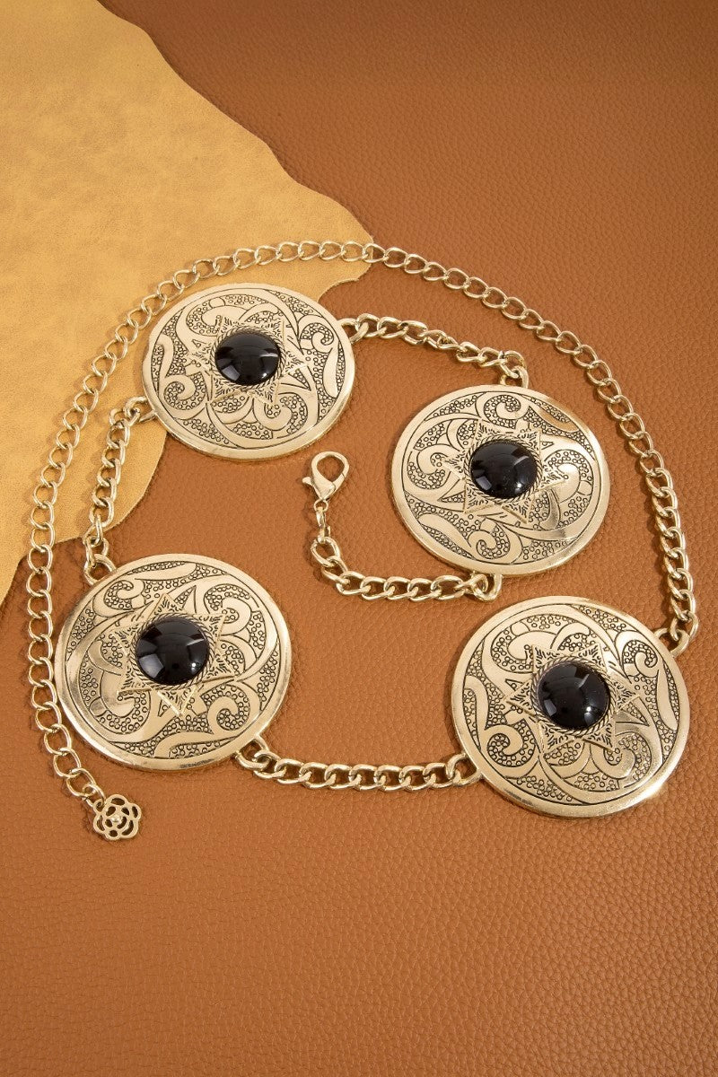 Stone Stud Western Engraved Disc Chain Belt