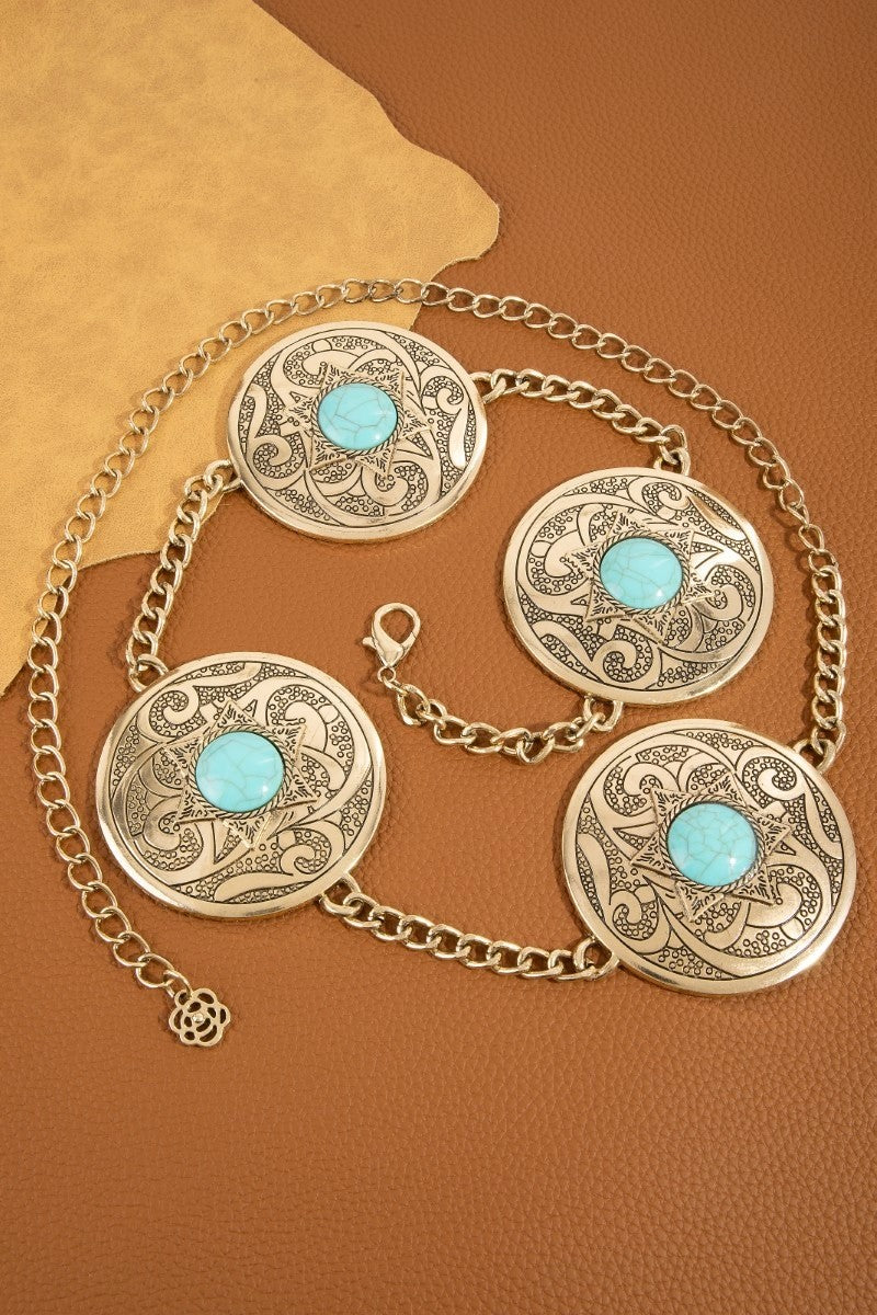 Stone Stud Western Engraved Disc Chain Belt