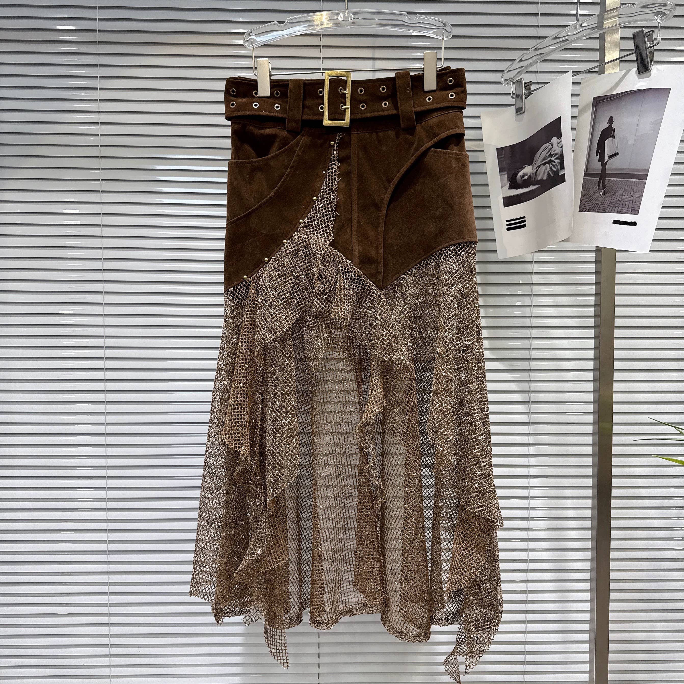 Retro Studded Belt Metallic Mesh Midi Skirt Women