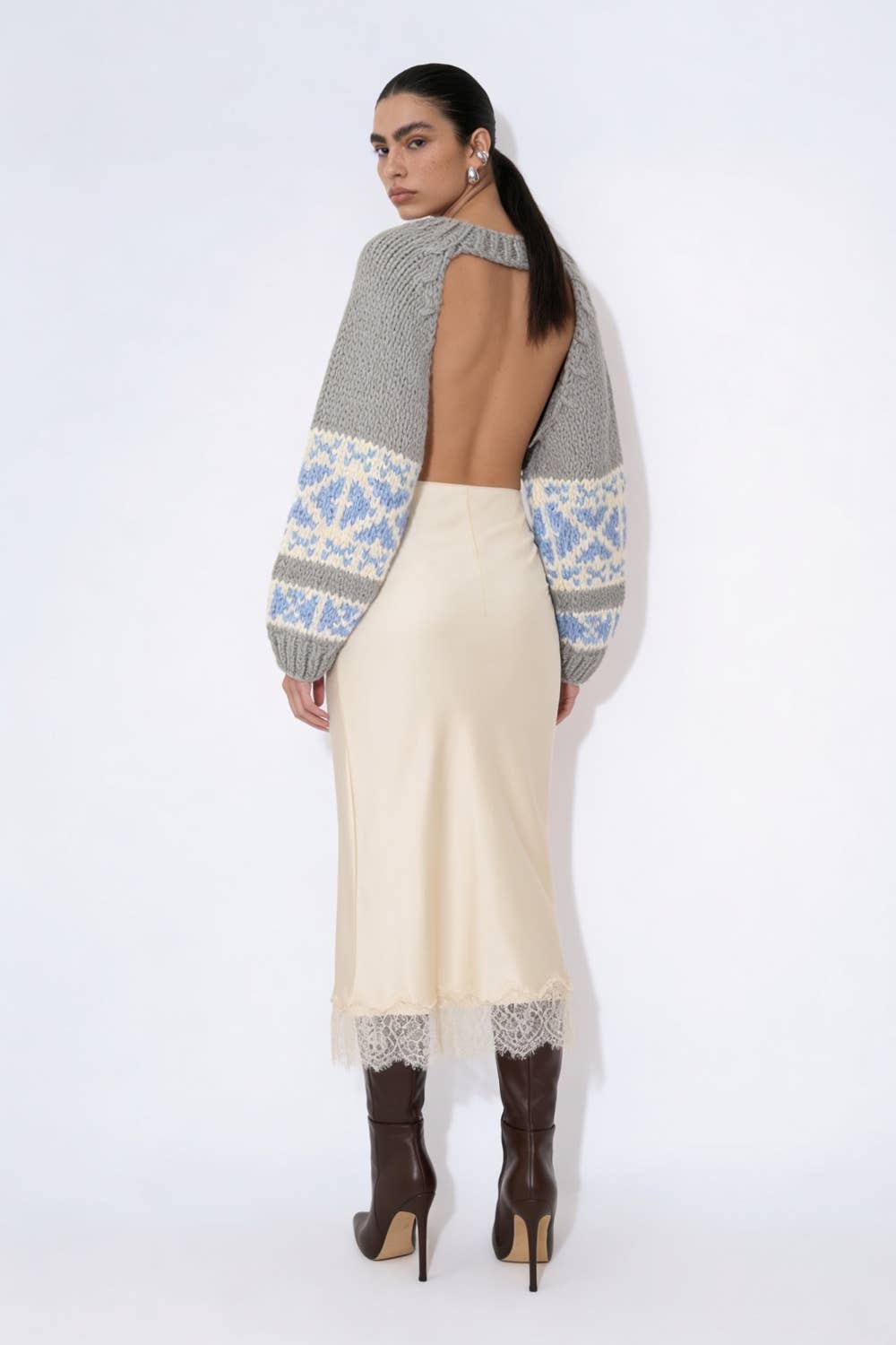 Beulah Style - Intarsia Knit Open-Back Cropped Sweater