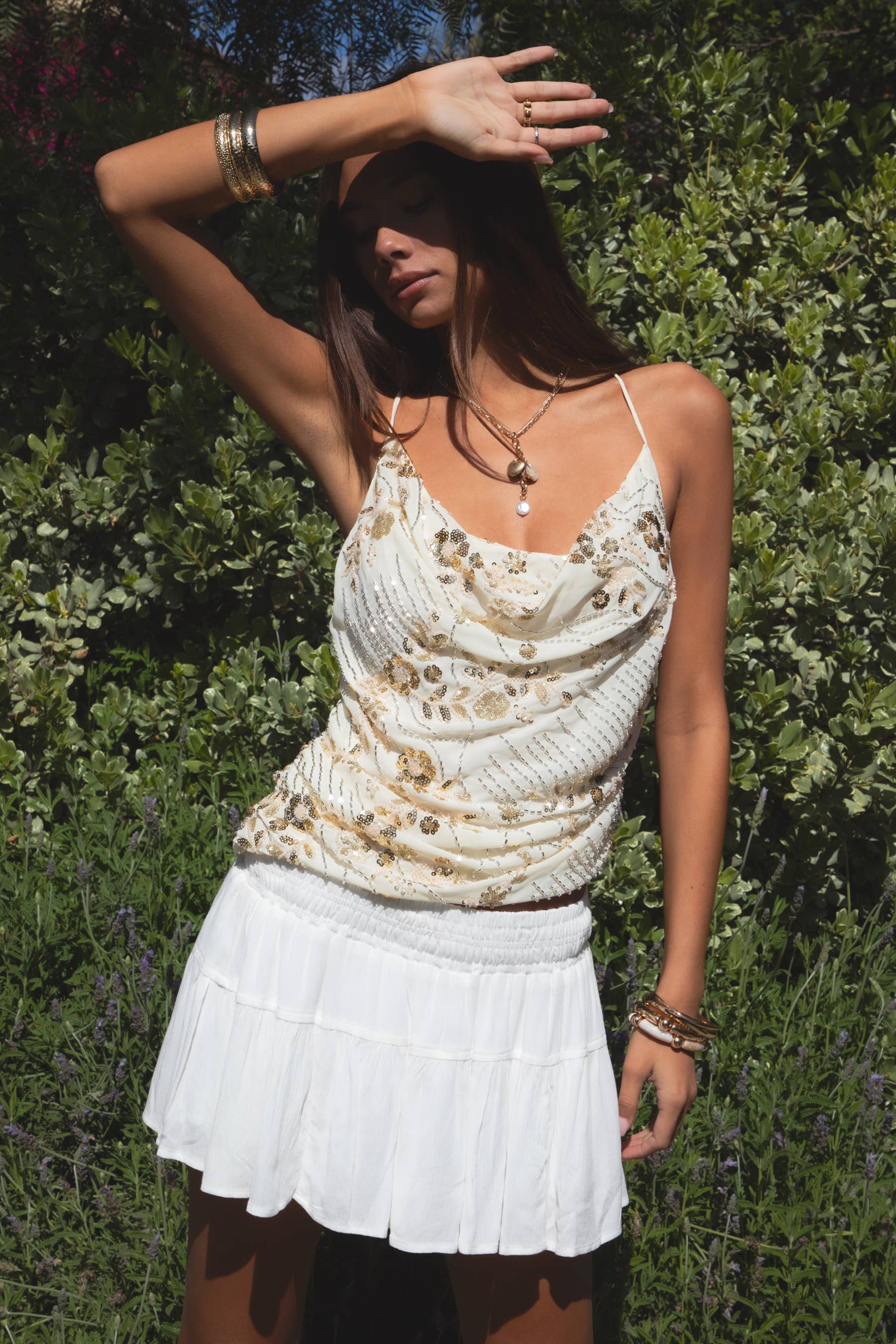 - AURYA Chiffon Sequin Beaded Cowl Neck Cropped Top