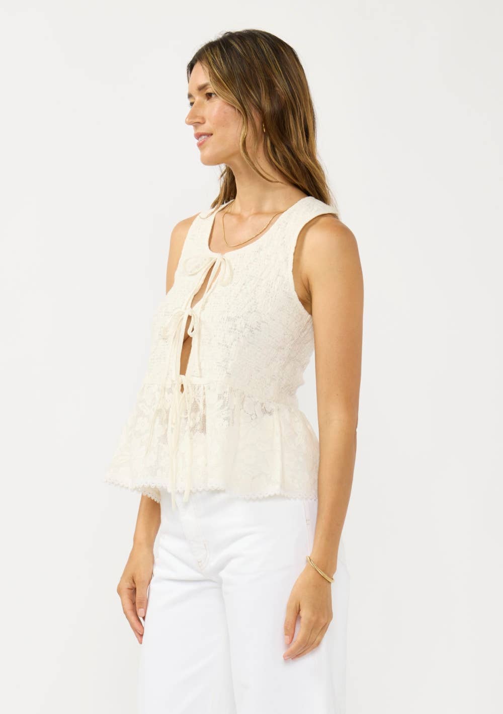 Lovestitch - Sleeveless Tie Front Smocked Peplum Top