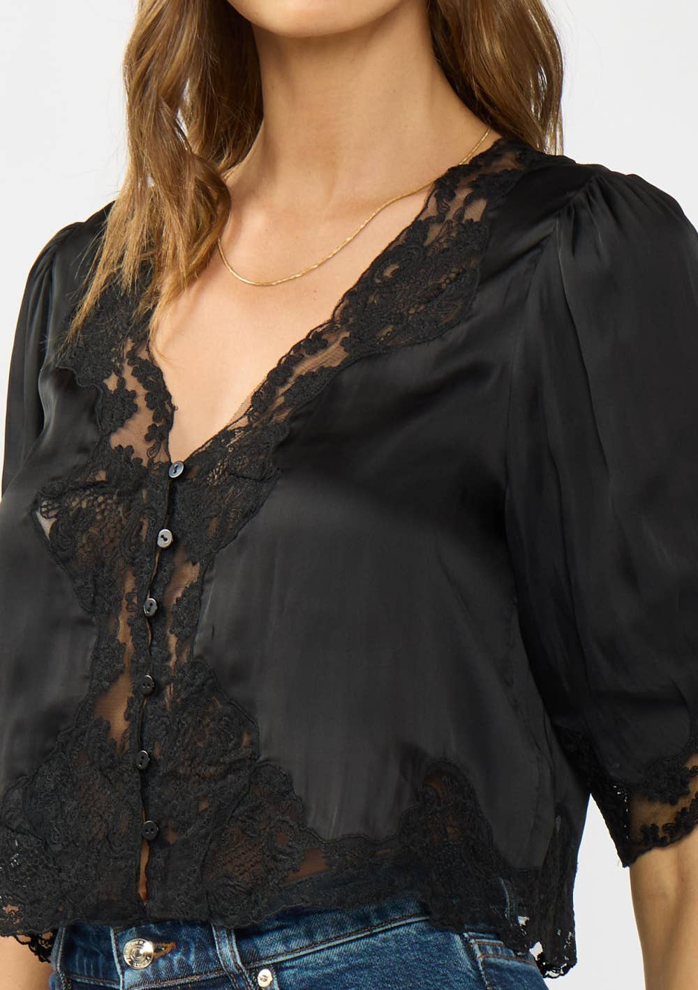 Lovestitch - V-Neck Button Front Blouse with Lace Trim