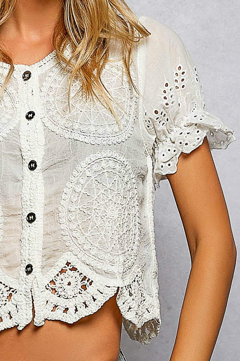 Pol Clothing - Round Neck Short Sleeve Button Closure Crochet Top