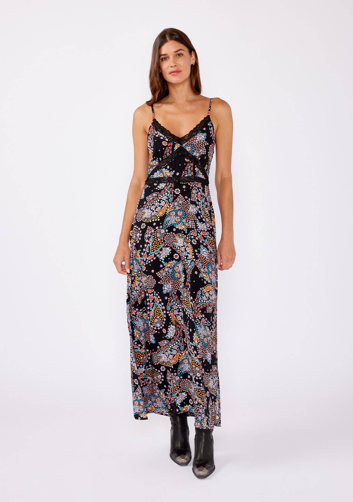 Lovestitch - Floral Spaghetti Strap Lace Trim Maxi Dress