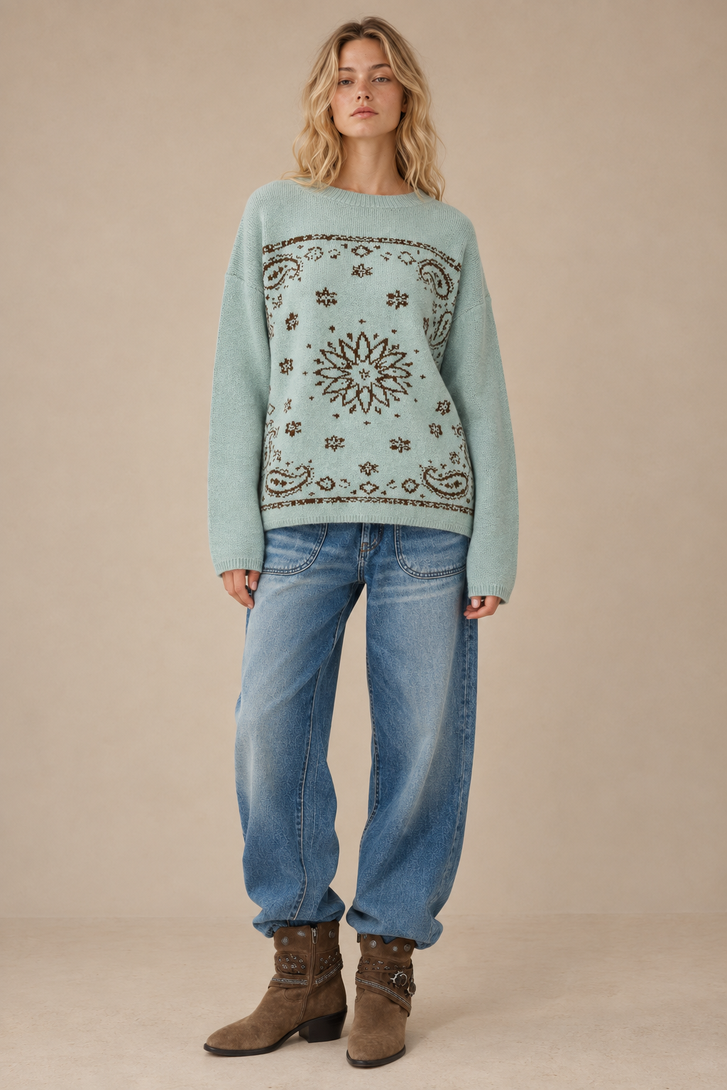 SPICE ALLEY - SA10162T - Western Bandana Jacquard Crewneck Sweater
