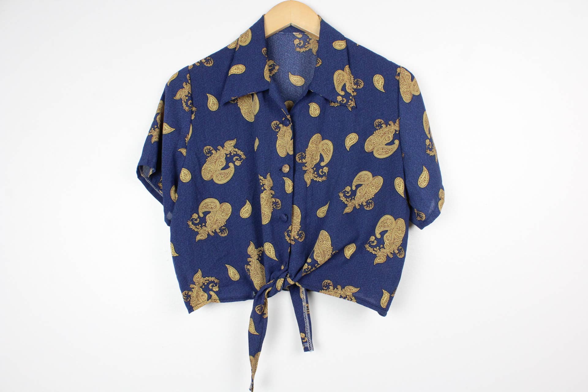 Reworked Vintage Short-Sleeve Button Up Blouse - Tied Front