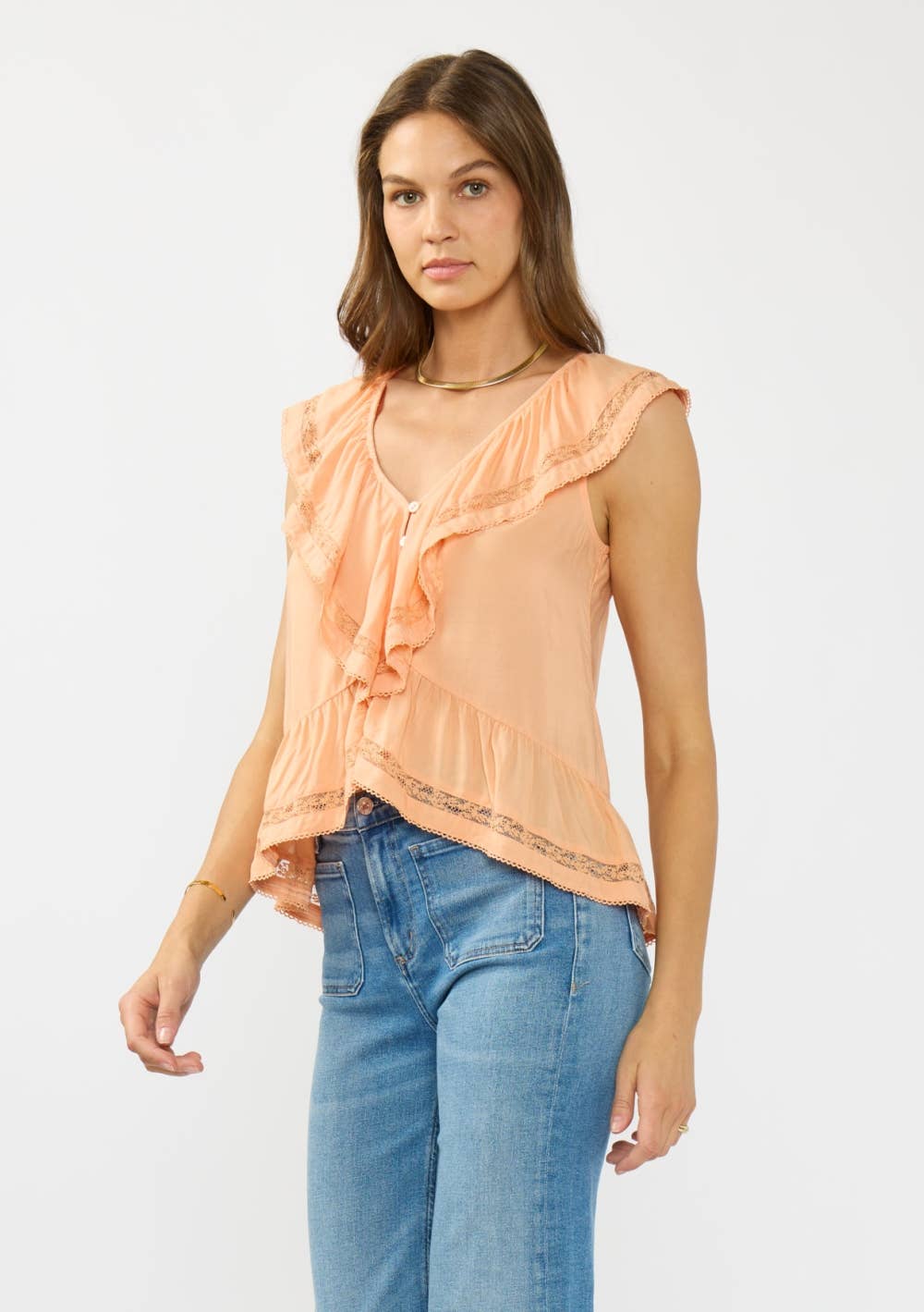 Lovestitch - V-neck Ruffle Sleeve Top with Lace Inserts & Shirred Hem