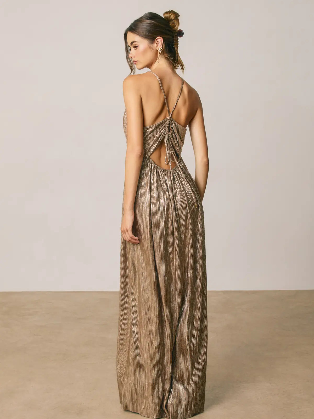 Gold Foiled Plunging Maxi Dress
