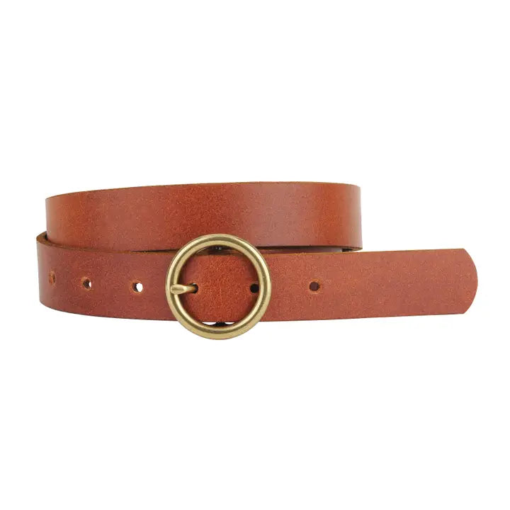 Skinny Brass-Toned Circle Buckle Leather Belt