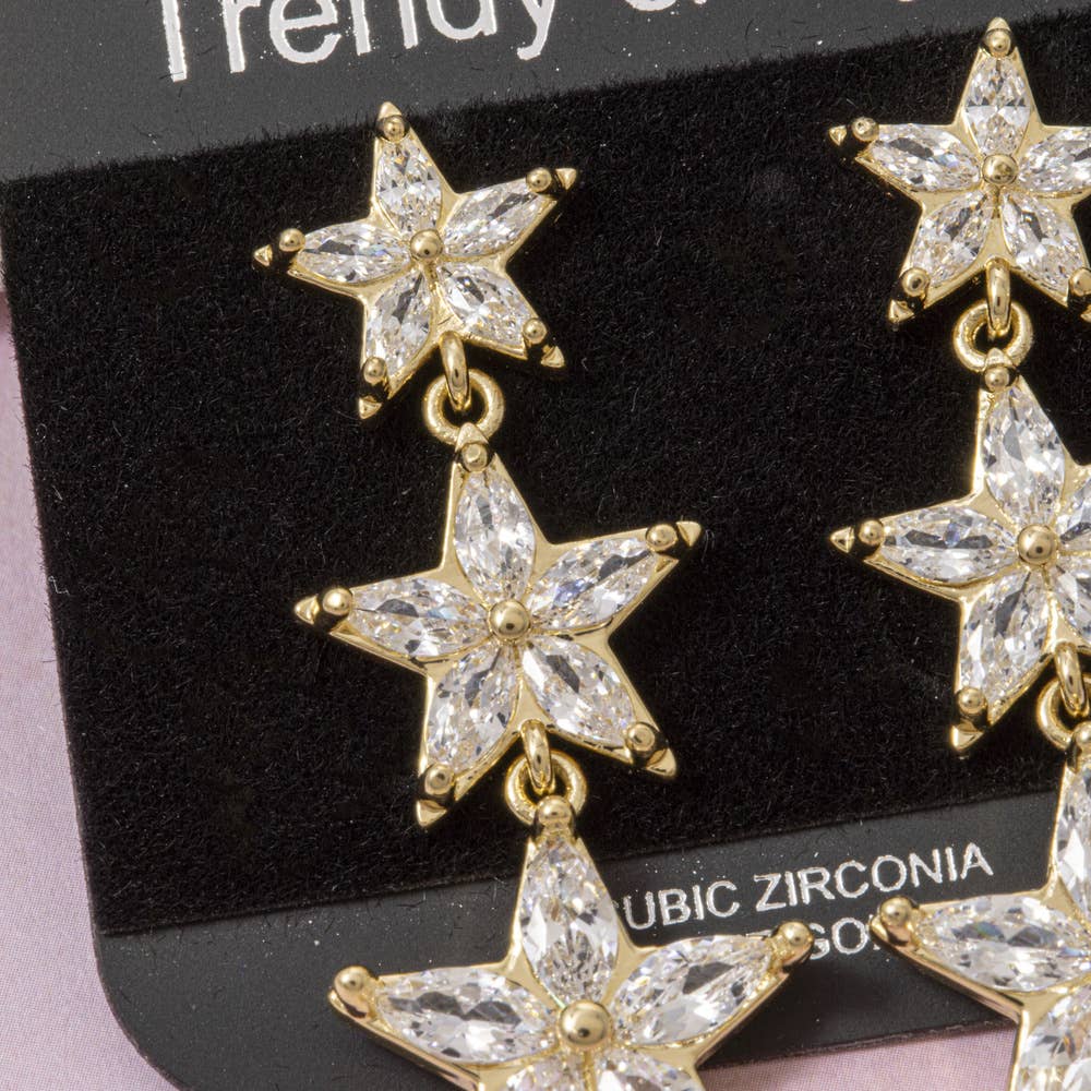 Fame Accessories - Triple Star Cz Drop Earrings