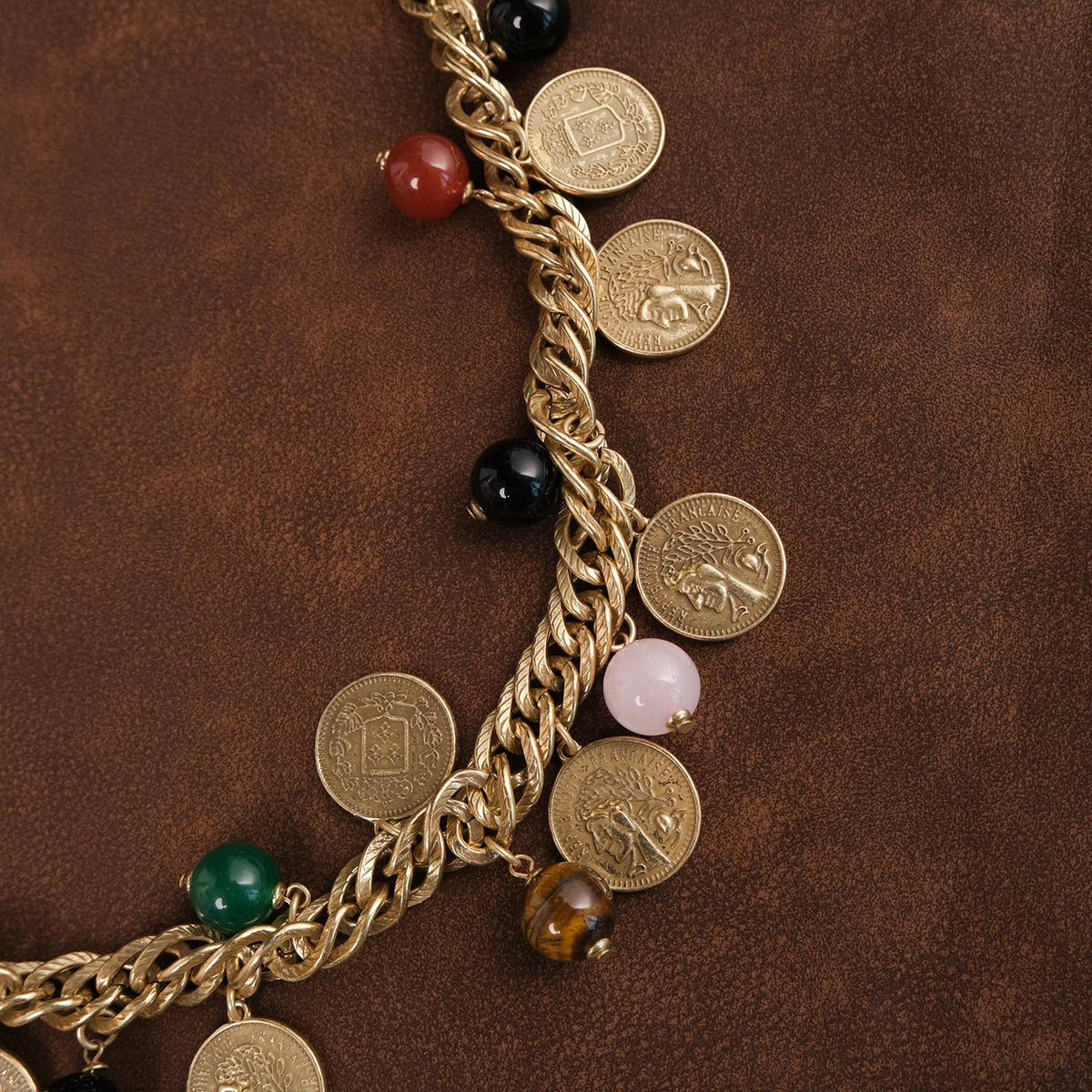 GirlyPirateCo - Vintage 18K Gold Plated Coin&Gemstone Charm Sweater Necklace