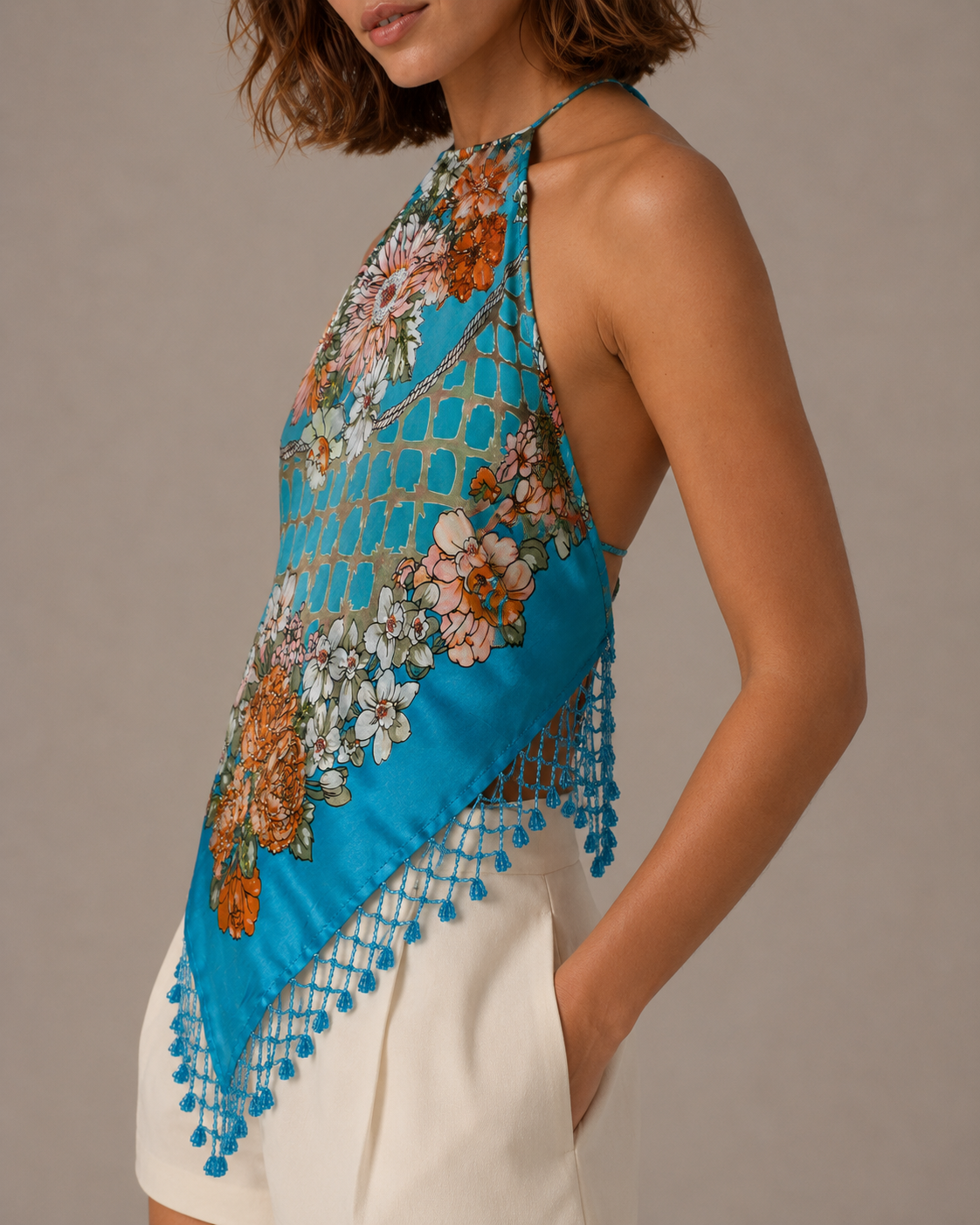 Aris A - Silk Beaded Floral Halter Top with Fringe