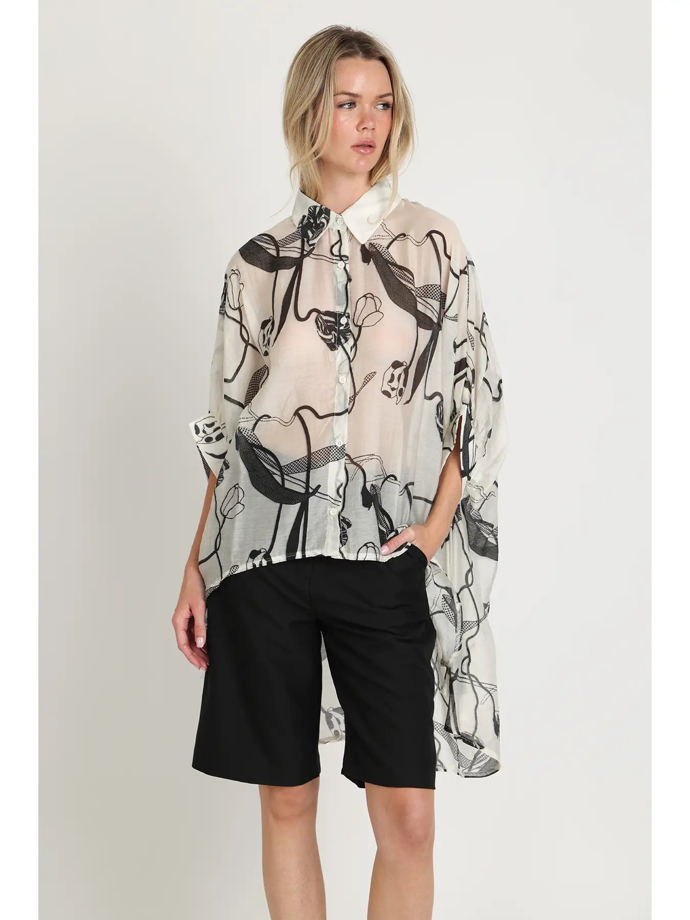 Abstract Print Sheer Hi-Low Button Down Tunic