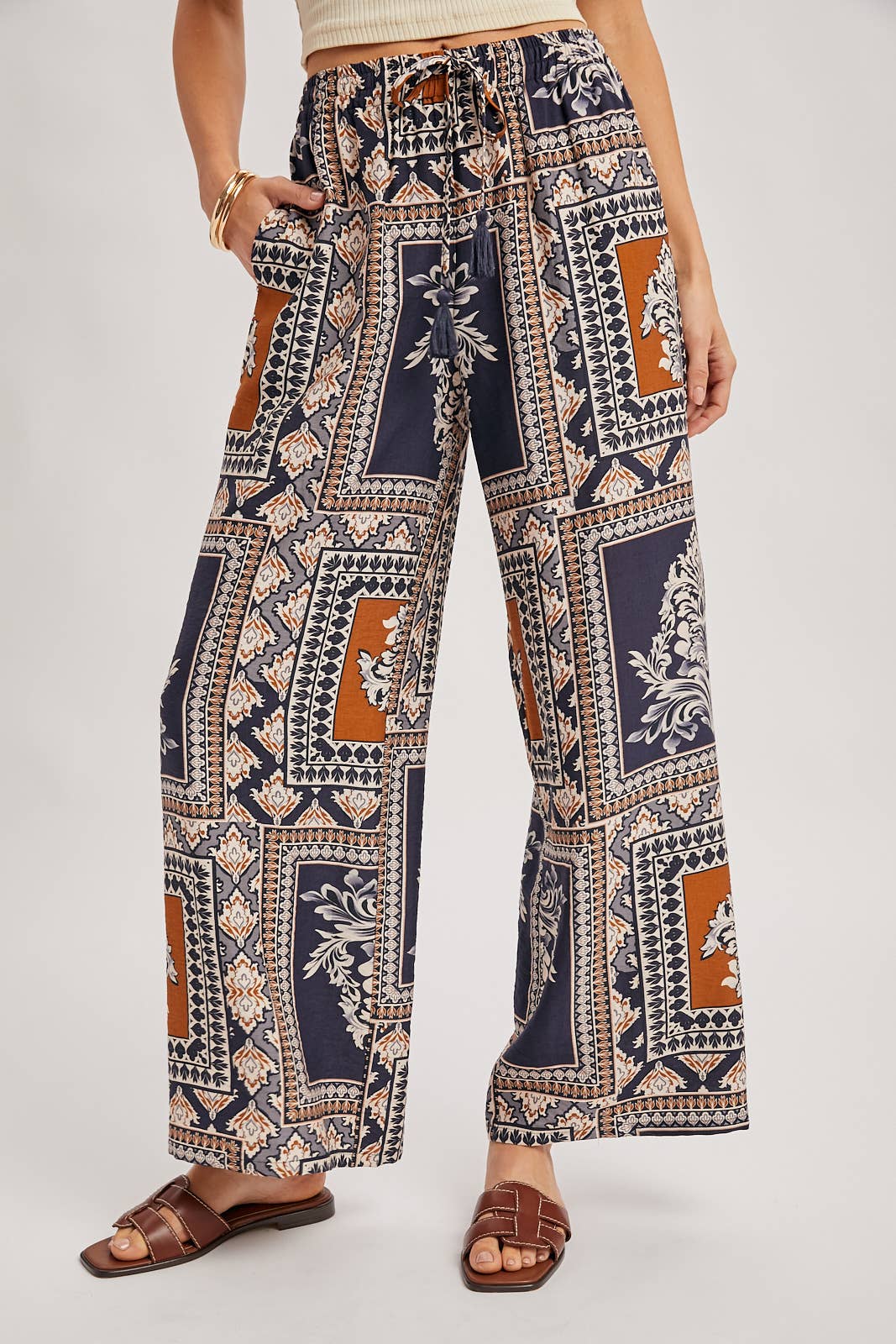 Bluivy - BOHO PRINT DRAWSTRING WIDE LEG PANTS
