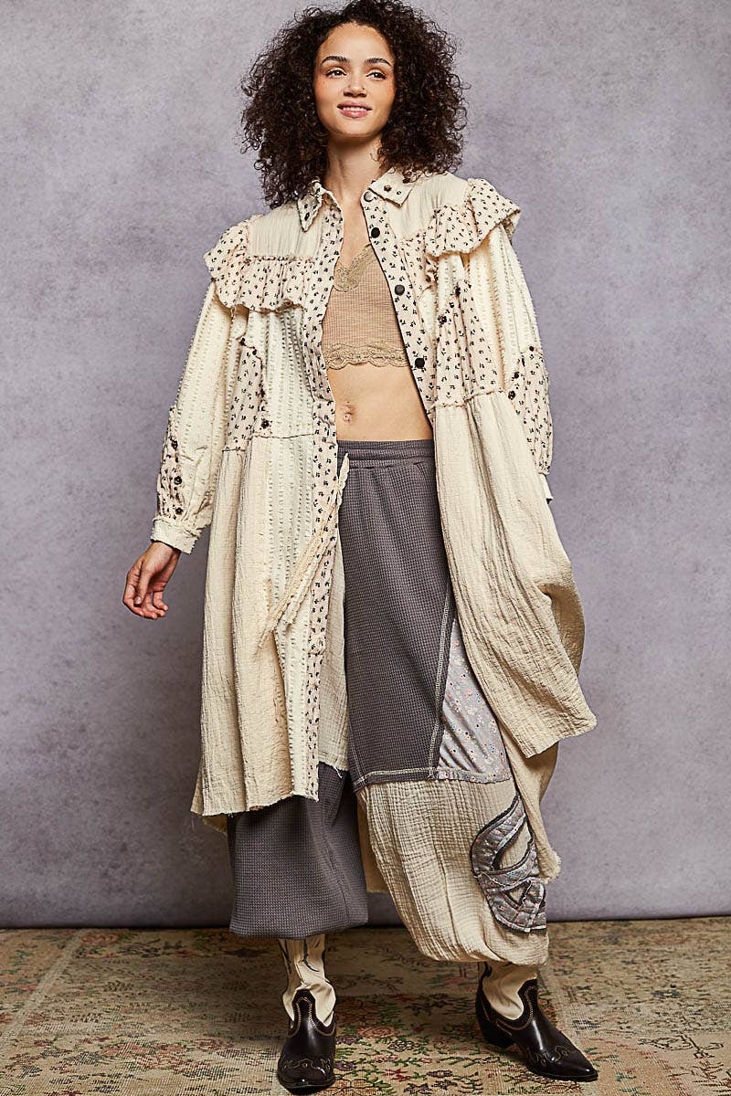 Pol Clothing - Balloon sleeve studs knee length ruffle detail jacket