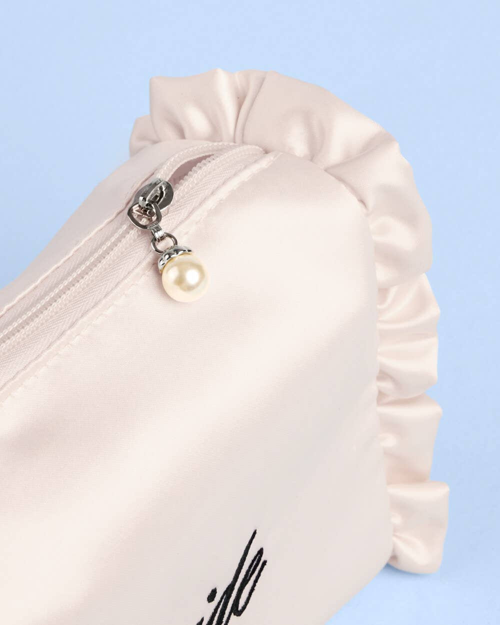 xo, Fetti - Embroidered Bride Satin Cosmetic Bag | bridal, ruffle, gift