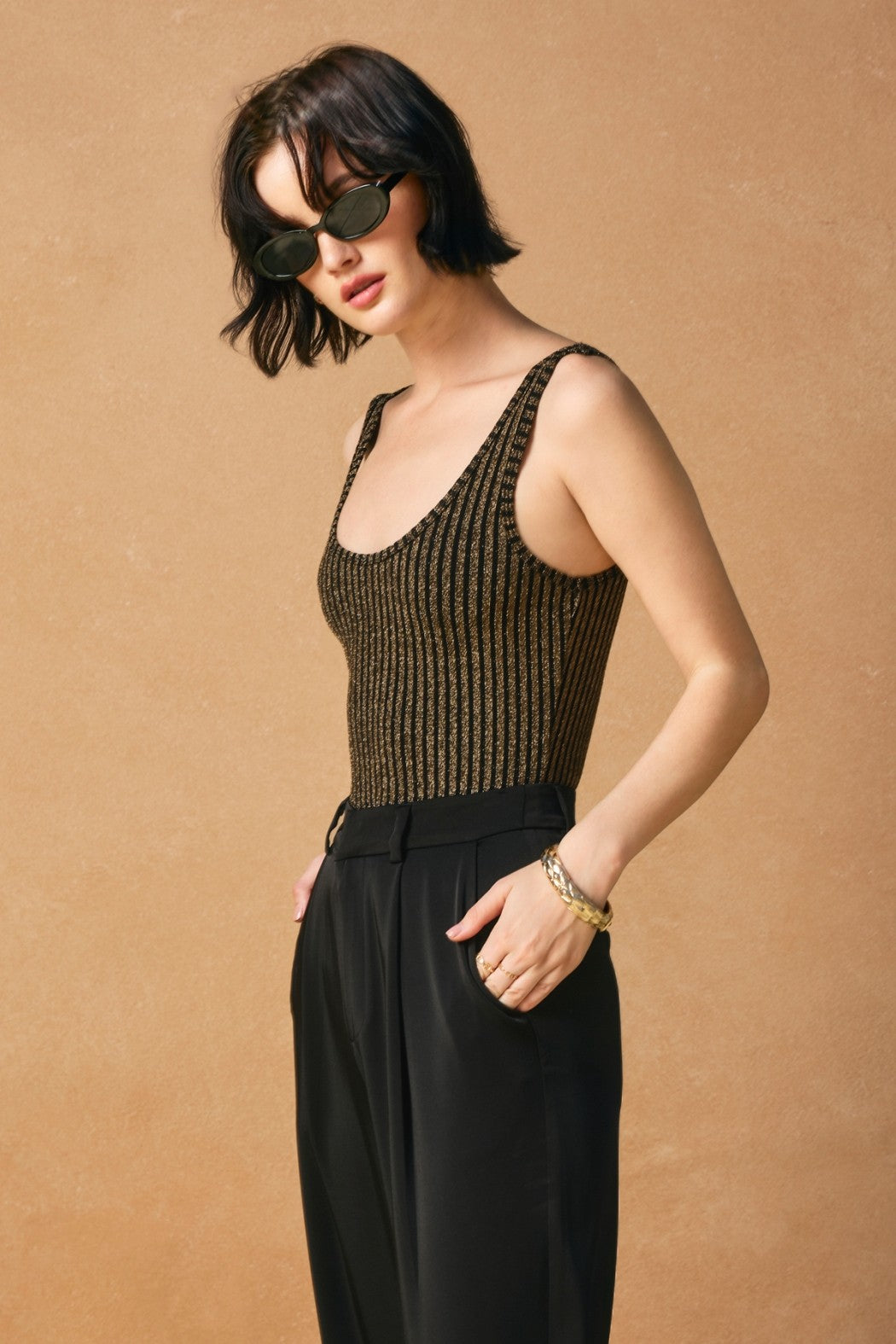 Metallic Ribbed Sleeveless Scoop Neck Bodysuit