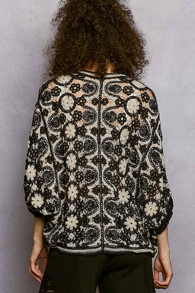 Pol Clothing - V-Neck Button Down Crochet Batwing Sleeve Cardigan Top