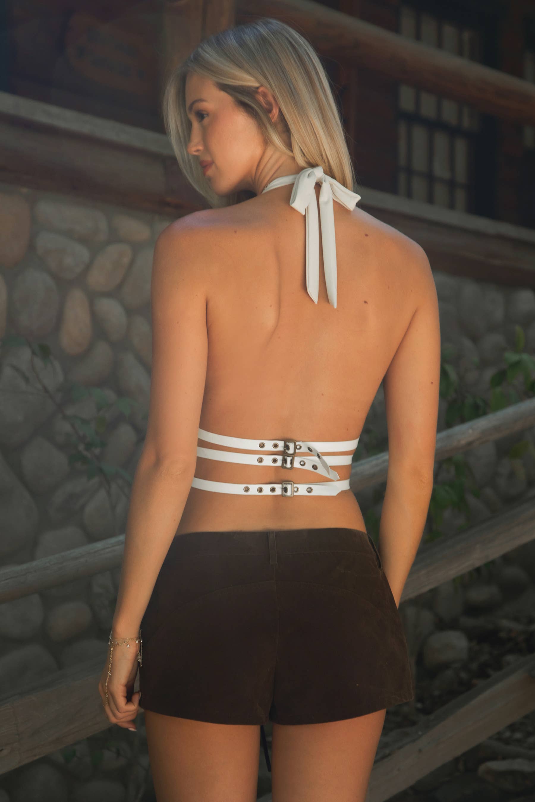 INDIE Western Split Front Studded Open Back Halter Top