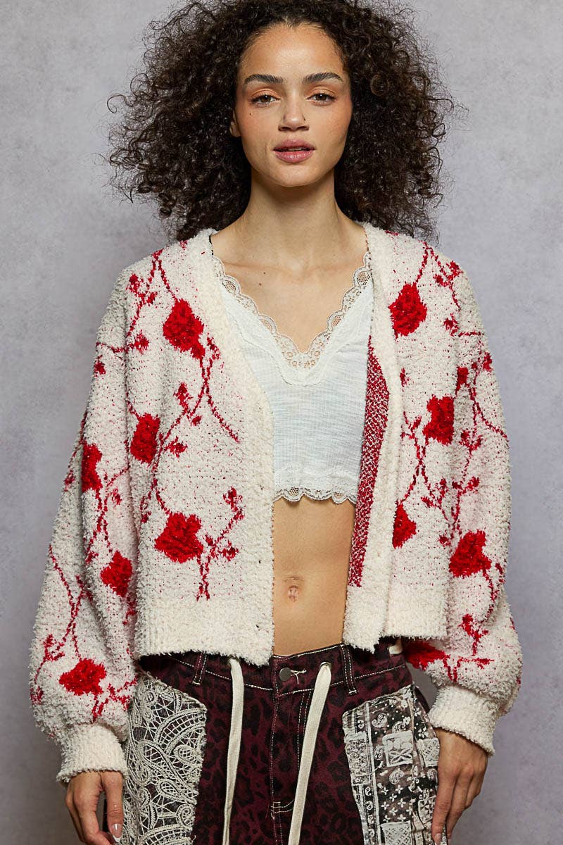 Pol Clothing - Balloon sleeve floral button Berber sweater cardigan top