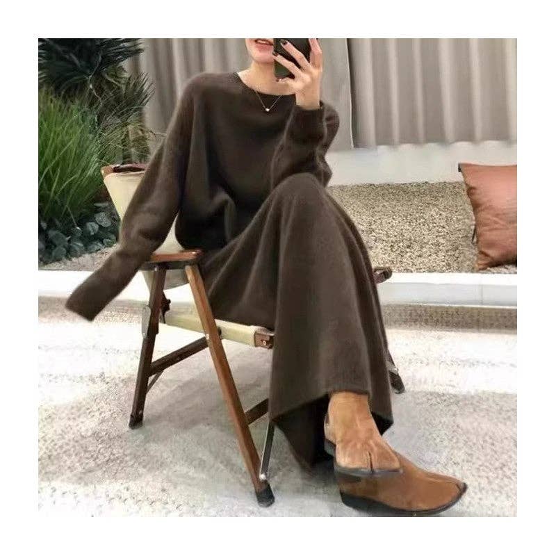 Sheer Trend - Solid Color Straight Skirt Sweater Two Piece Set