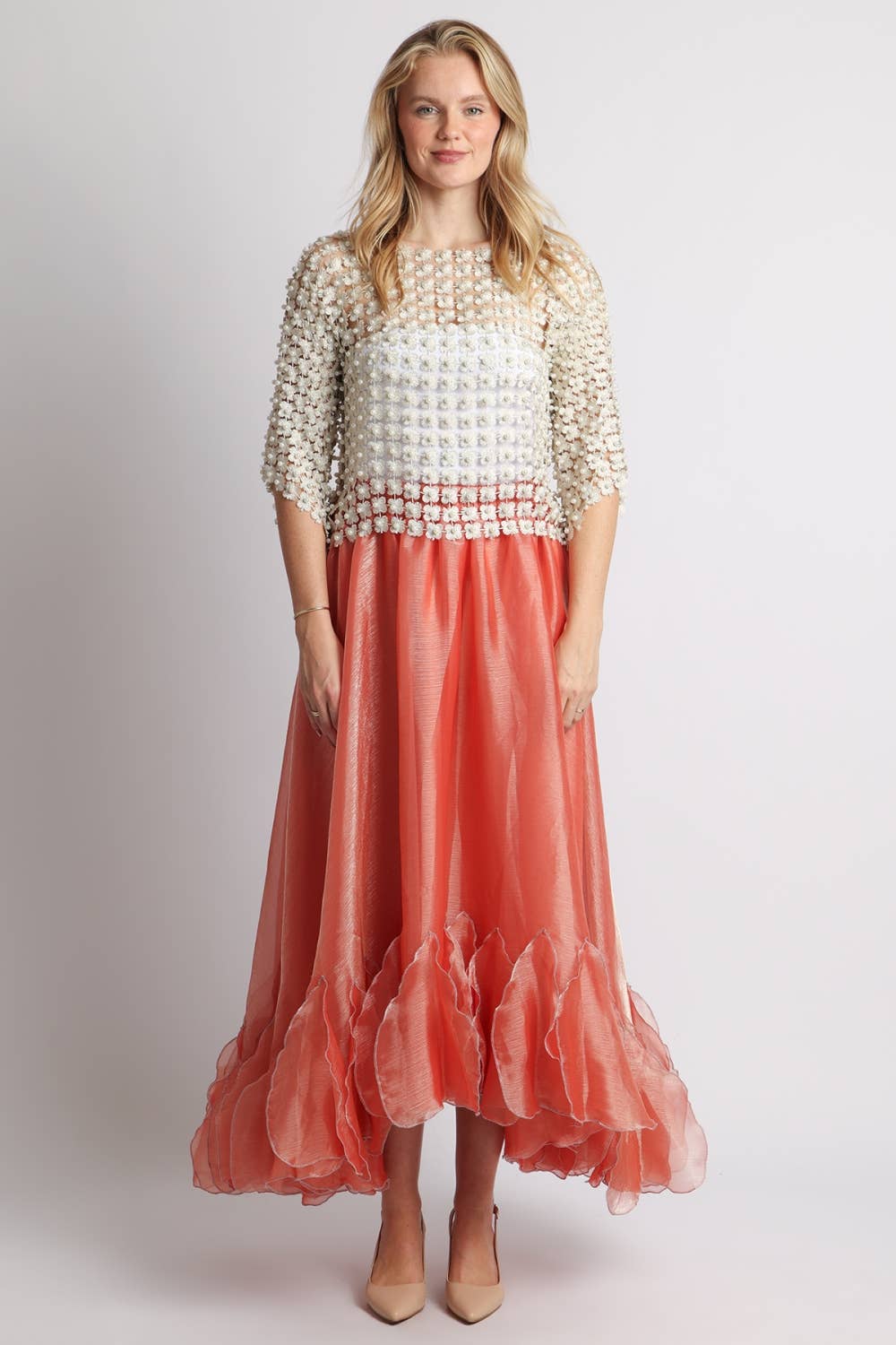 Beulah Style - Floral Guipure Pearl-Embellished Overlay Top