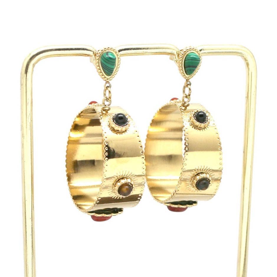 LIZOU - Semi Precious Stones on Wide Hoop Dangle Earrings