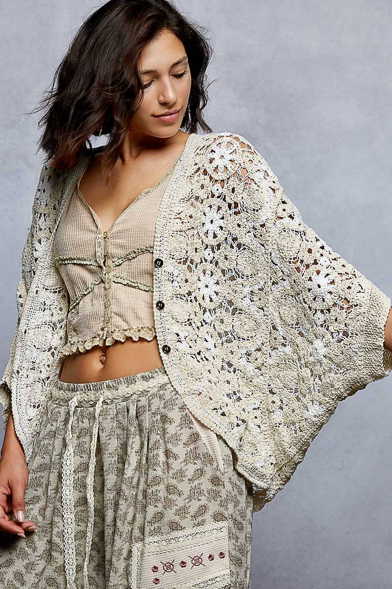 Pol Clothing - V-Neck Button Down Crochet Batwing Sleeve Cardigan Top