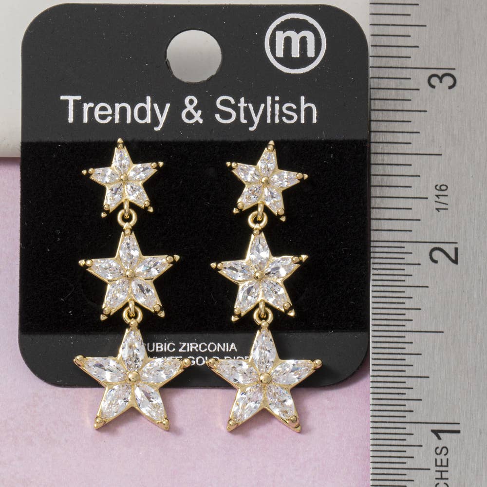 Fame Accessories - Triple Star Cz Drop Earrings