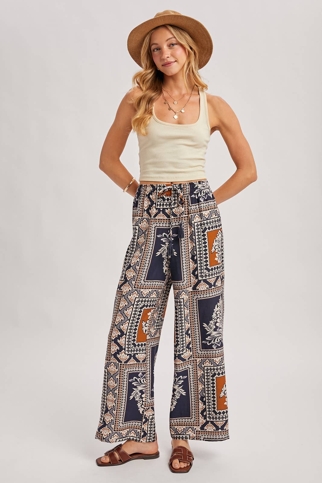 Bluivy - BOHO PRINT DRAWSTRING WIDE LEG PANTS