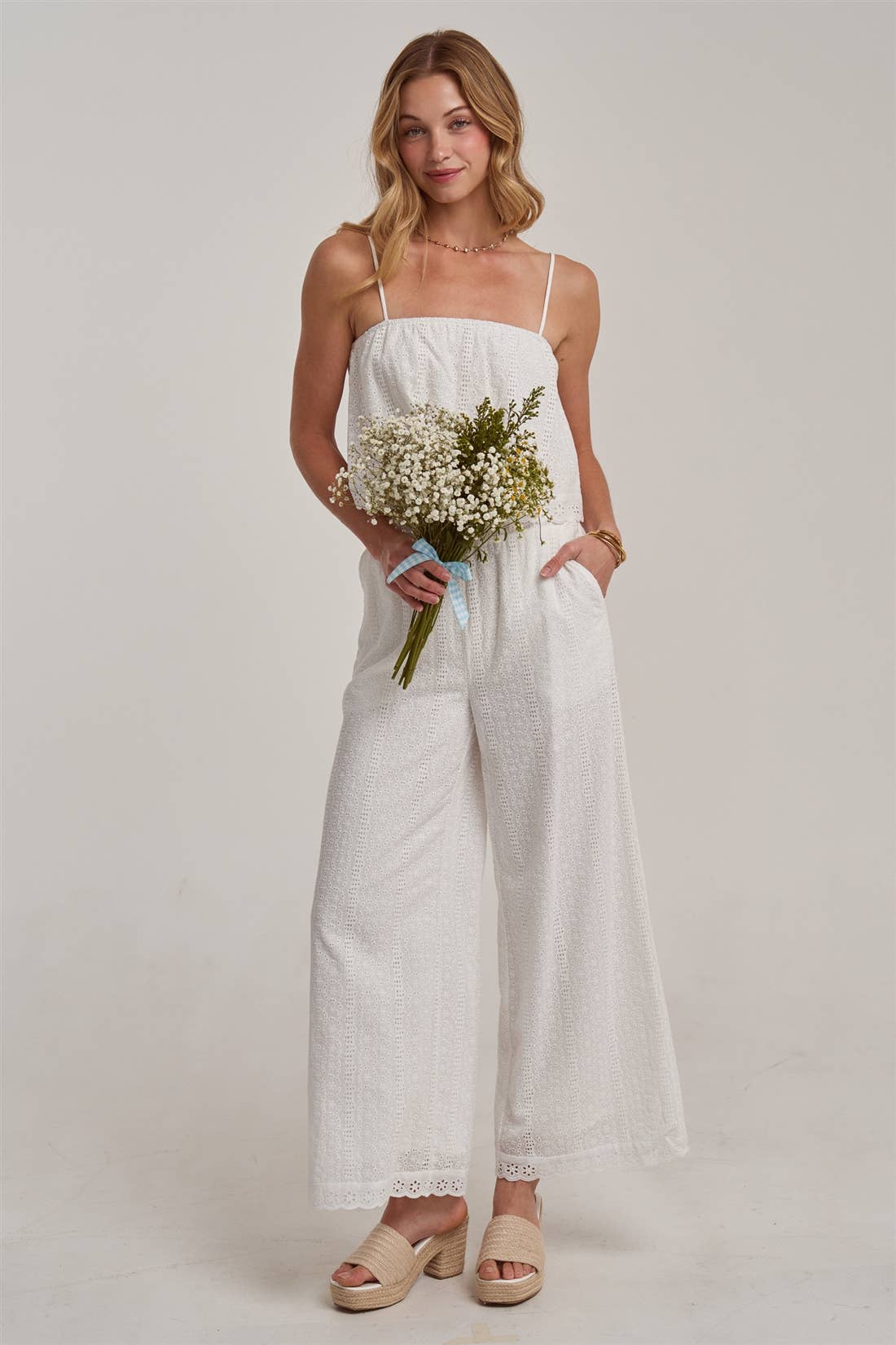 BON - EYELET LACE CROPPED CAMI TOP AND WIDE LEG PANTS SUMMER SET