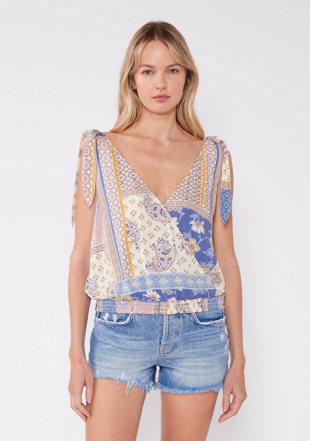 Patchwork Tie Shoulder Smocked Surplice Tank Top