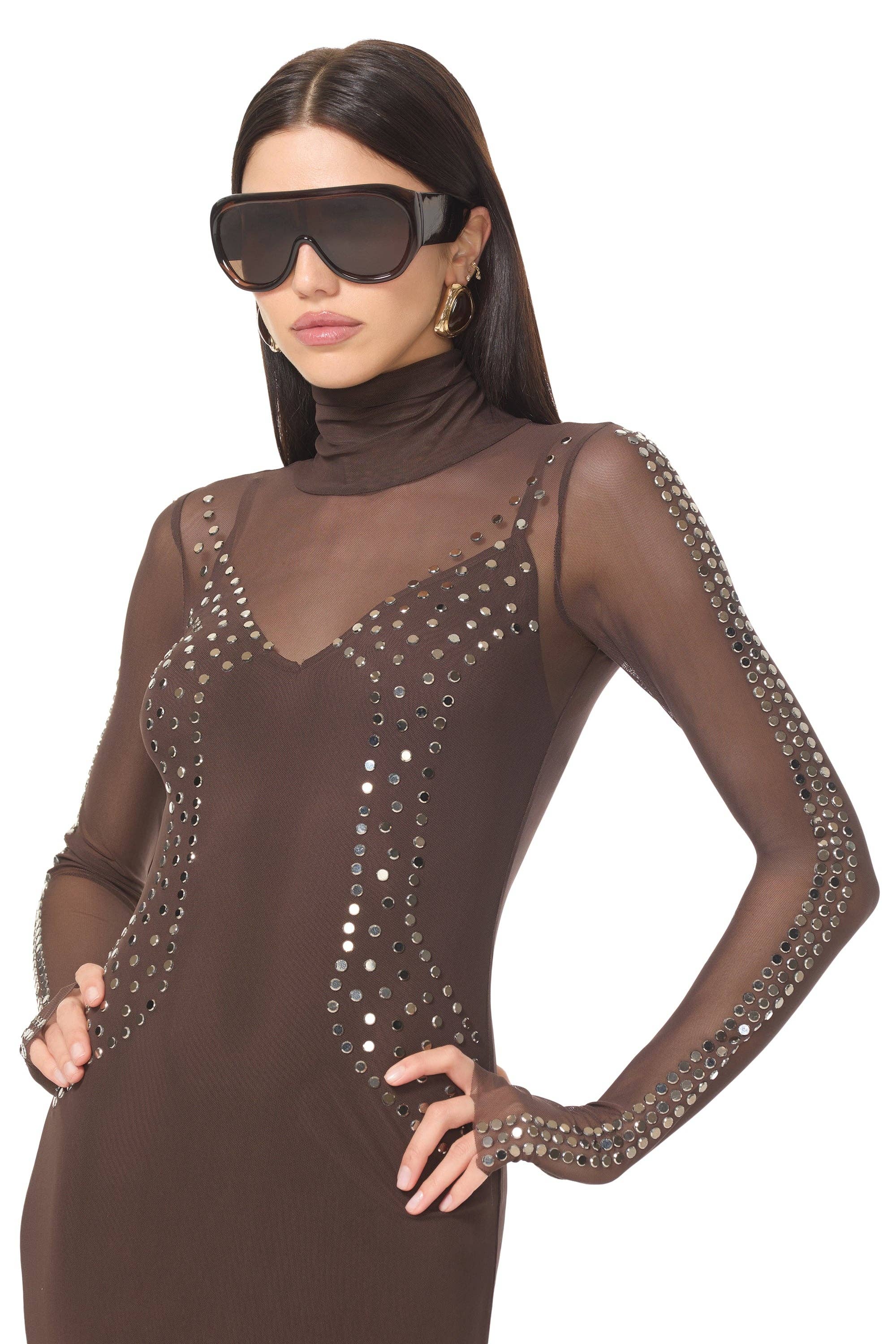 AFRM - Shailene Studded Mesh Dress - Espresso