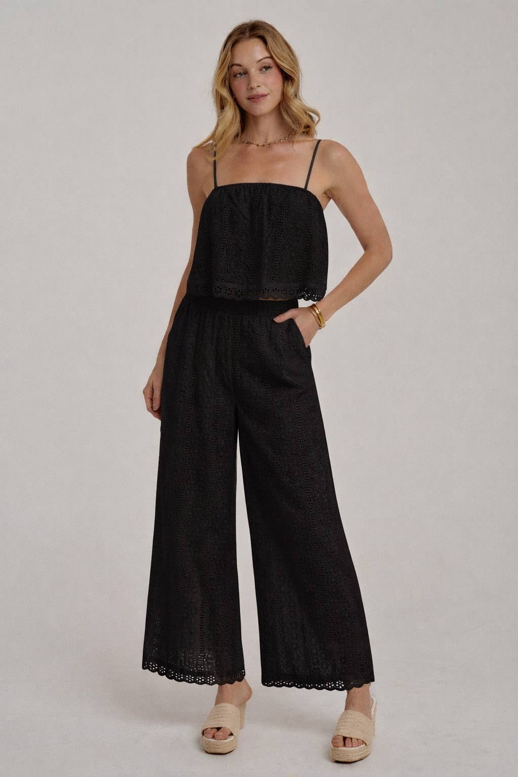 BON - EYELET LACE CROPPED CAMI TOP AND WIDE LEG PANTS SUMMER SET