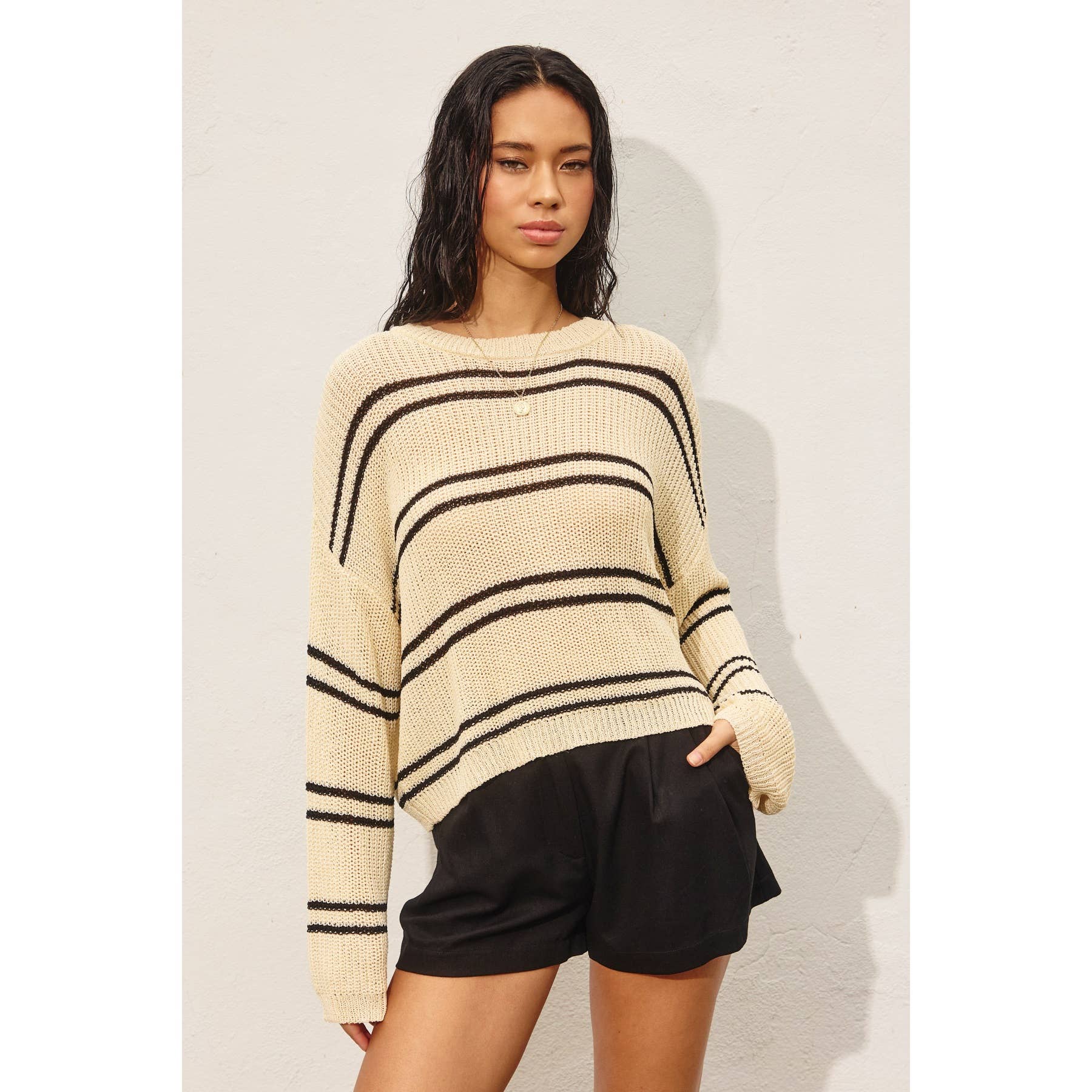 Double Striped Long Sleeve Open Knit Top