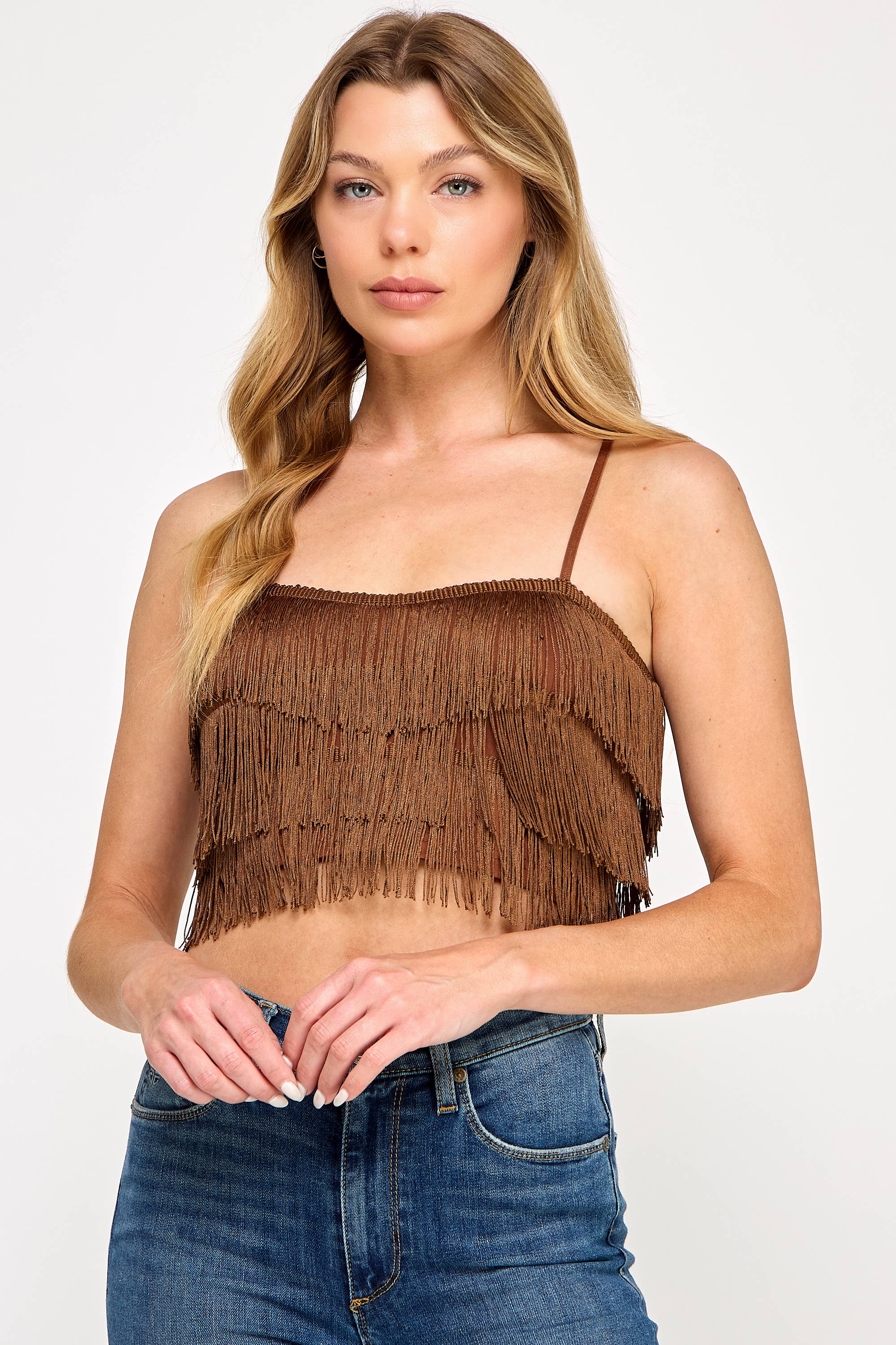 Tassel Fringe Crop Tiered Ruffle Cropped Tank Top