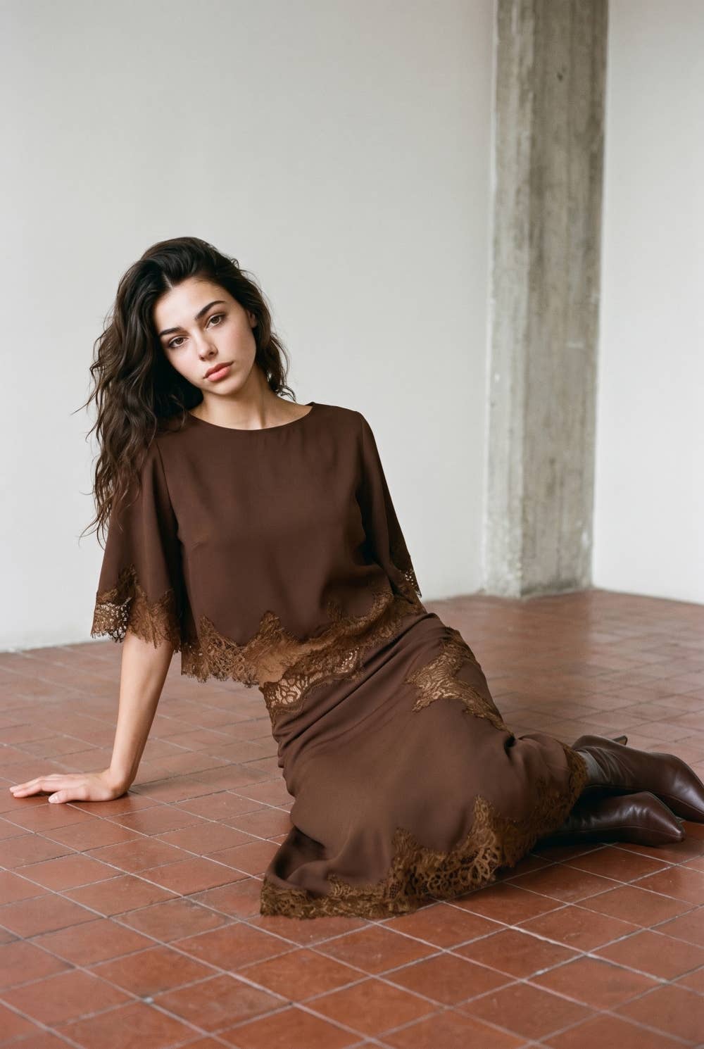 Edit by Nine - LACE HEM TWILL SATIN CAPE TOP