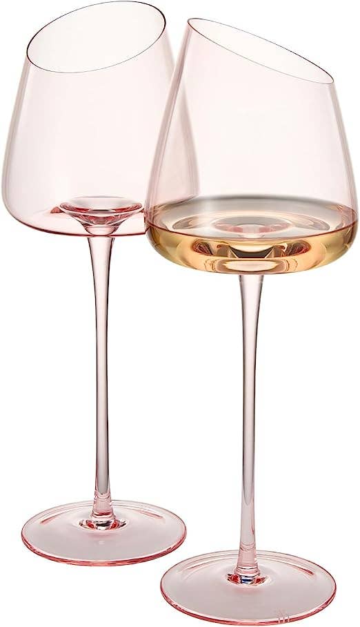 The Wine Savant /  Khen Glassware - Khen Pink Wine Glasses Set of 2 Red Blush Color 18oz Slanted